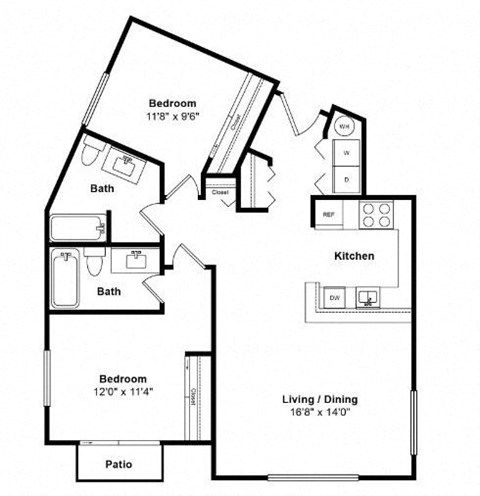 Floor plan for 2 beds, 2 baths, 1000 sqft